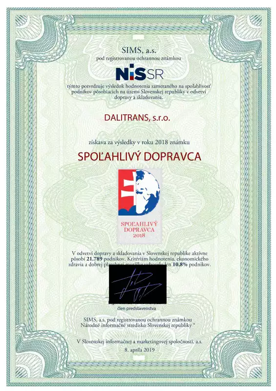 certifikát najspolahlivejšie podniky