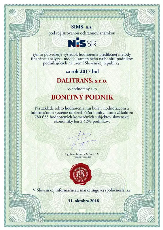 certifikát pečať bonity spoločnosti